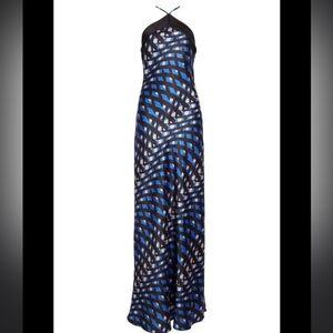 STAUD cubism printed halter neck satin maxi dress